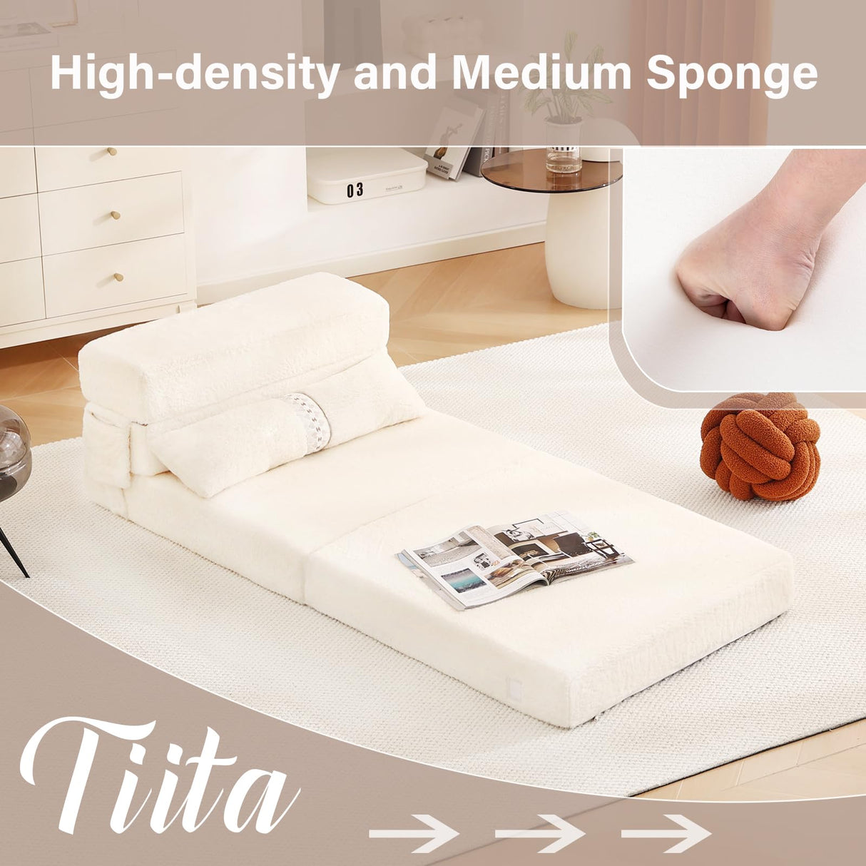 Tiita Folding Sofa Bed Couch,Single Size Foldable Futon Chair Bed with Pillow, Folding Sleeper Sofa Chair Bed Floor Mattress for Guest Room, Living Room, Beige Tiita