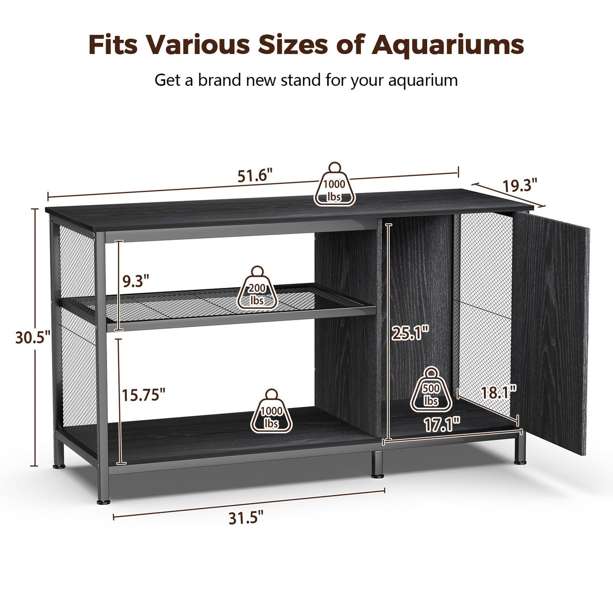 Tatub 55-90 Gallon Fish Tank Stand Large Aquarium Stand with Accessories Storage, Heavy Duty Metal Fish Tank Cabinet Suitable for Turtle Tank, Reptile Terrarium Stand, 1000LBS Capacity, Black Tatub