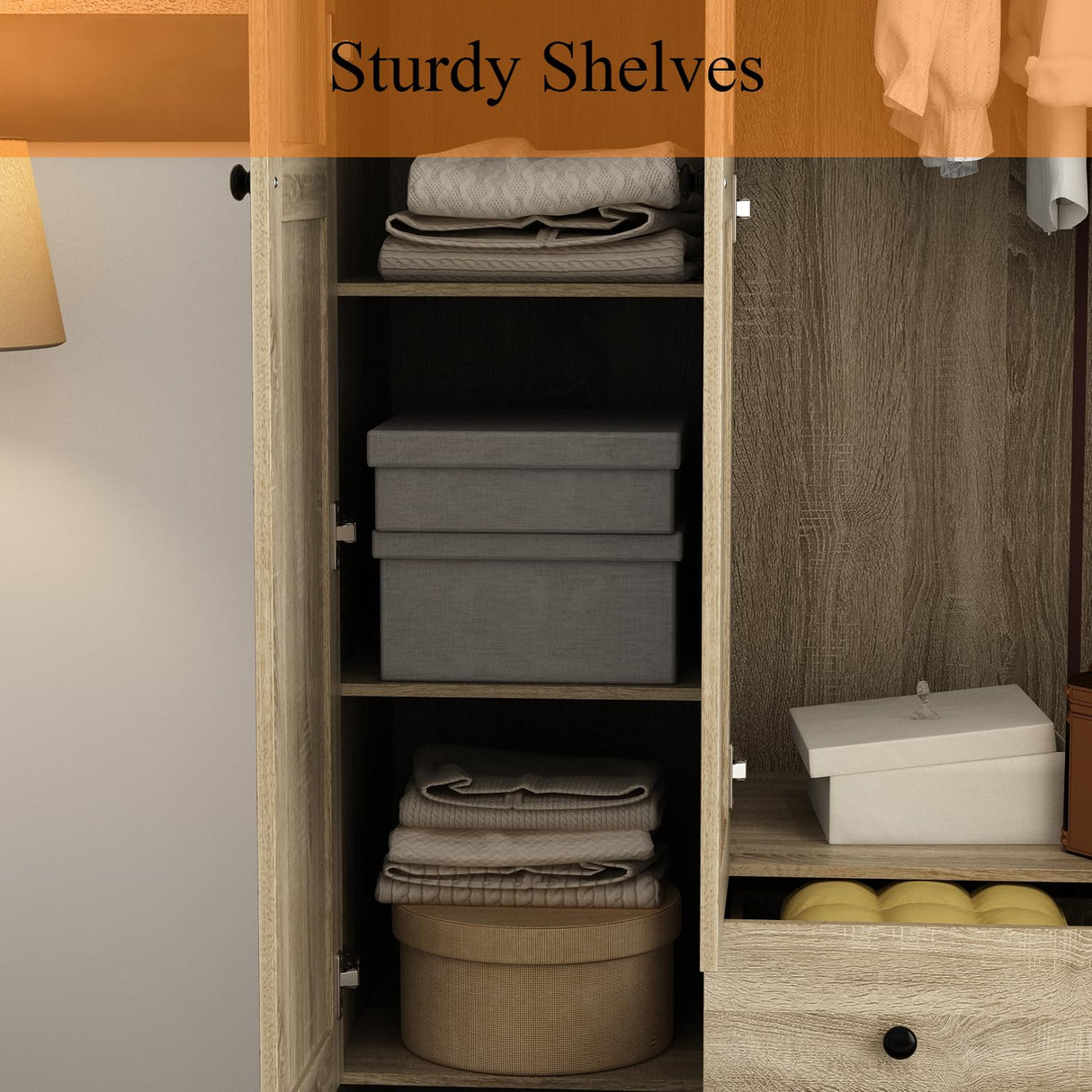 WOODTIME Rattan Armoire Wardrobe Closet with 7 Shelves, 5 Drawers & Hanging Bars, 59" L Wooden Wardrobe Clothes Storage Cabinet for Bedroom, Guest Room, Brown WOODTIME