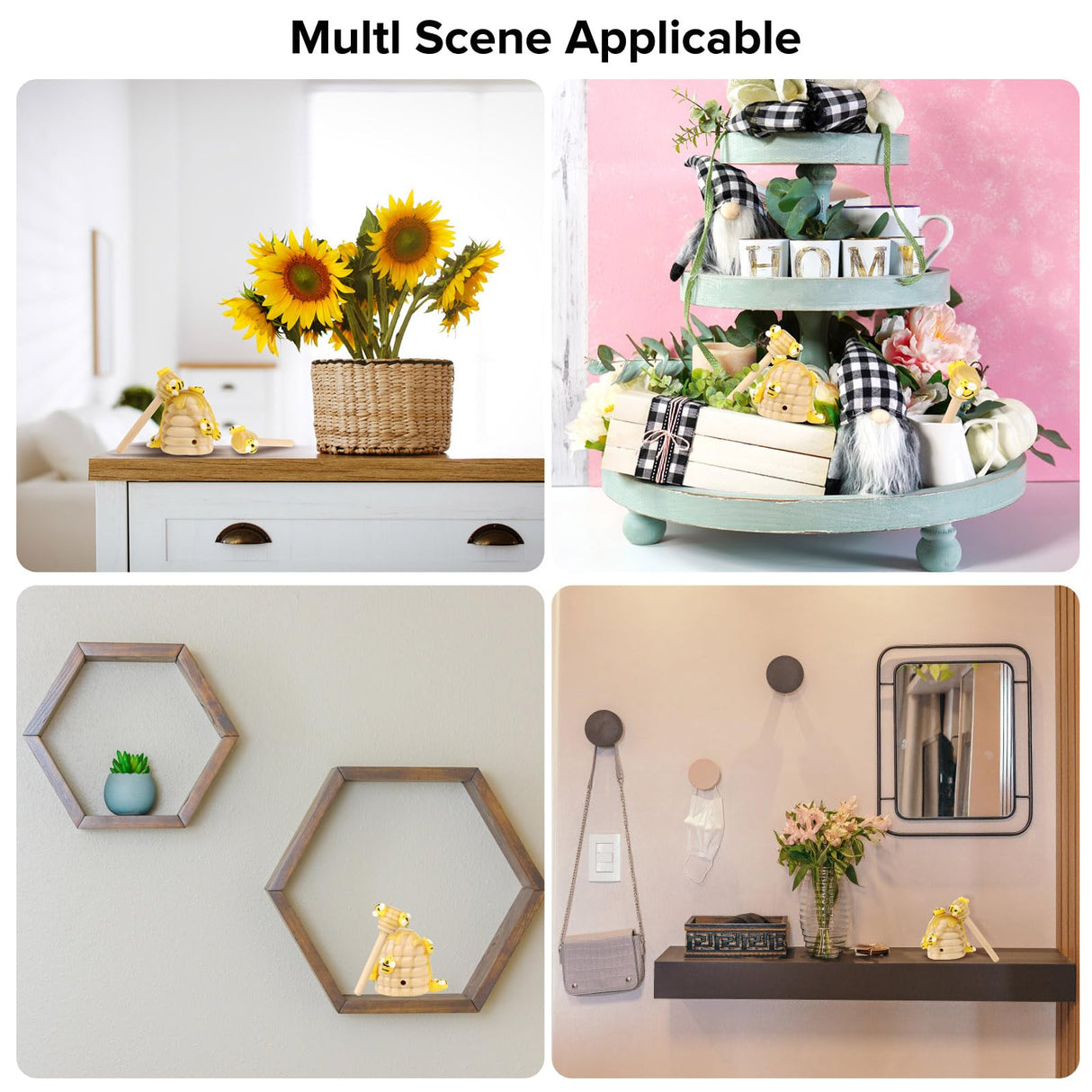 Honey Bee Spring Tiered Tray Decor, Bumblebee Party Decorations, Summer Farmhouse Beehive Decoration Set, 2 Mini Faux Bee Honey Dippers & 1 Fake Wooden Honeycomb Centerpiece, Bookshelf Table Decors WixiTool