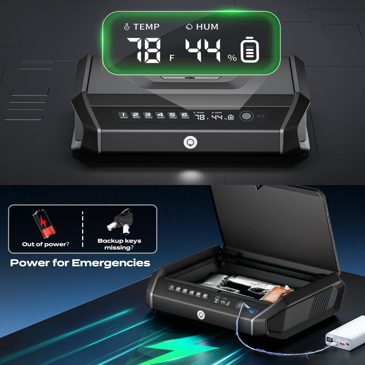 Gun Safe with LCD Display, ≤0.1s Quick Access Handgun Safe for 2-4 Pistols, Hand Gun Lock Box with Fingerprint | Keypad | and Keys for Home Drawer Bedside Nightstand TOPMEDA