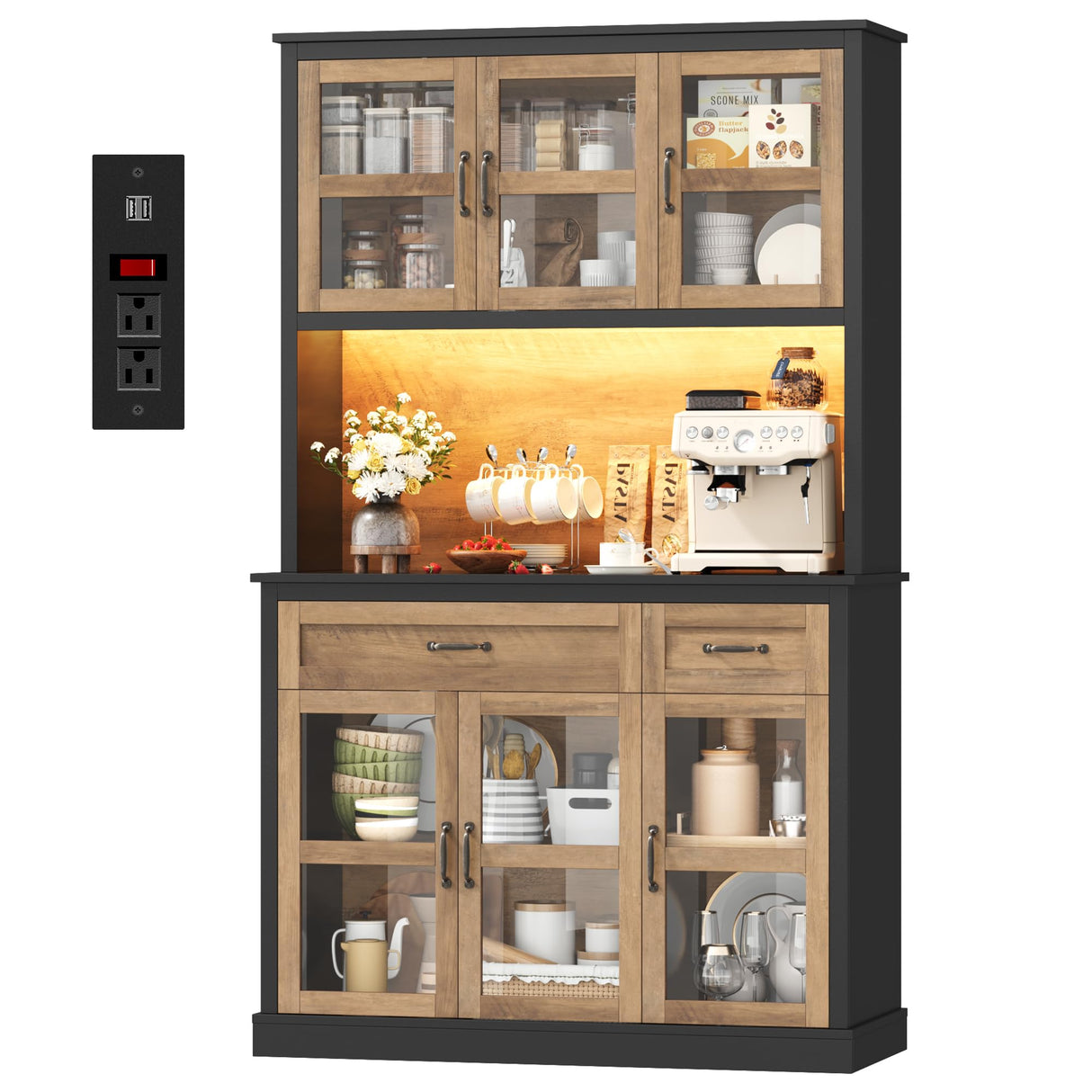 FINETONES 71" Pantry Cabinet with LED Light and Charging Station, Kitchen Pantry Cabinet with Glass Doors and Microwave Stand, Kitchen Cabinets Hutch Cupboard with Doors and Shelves, Black/Brown FINETONES