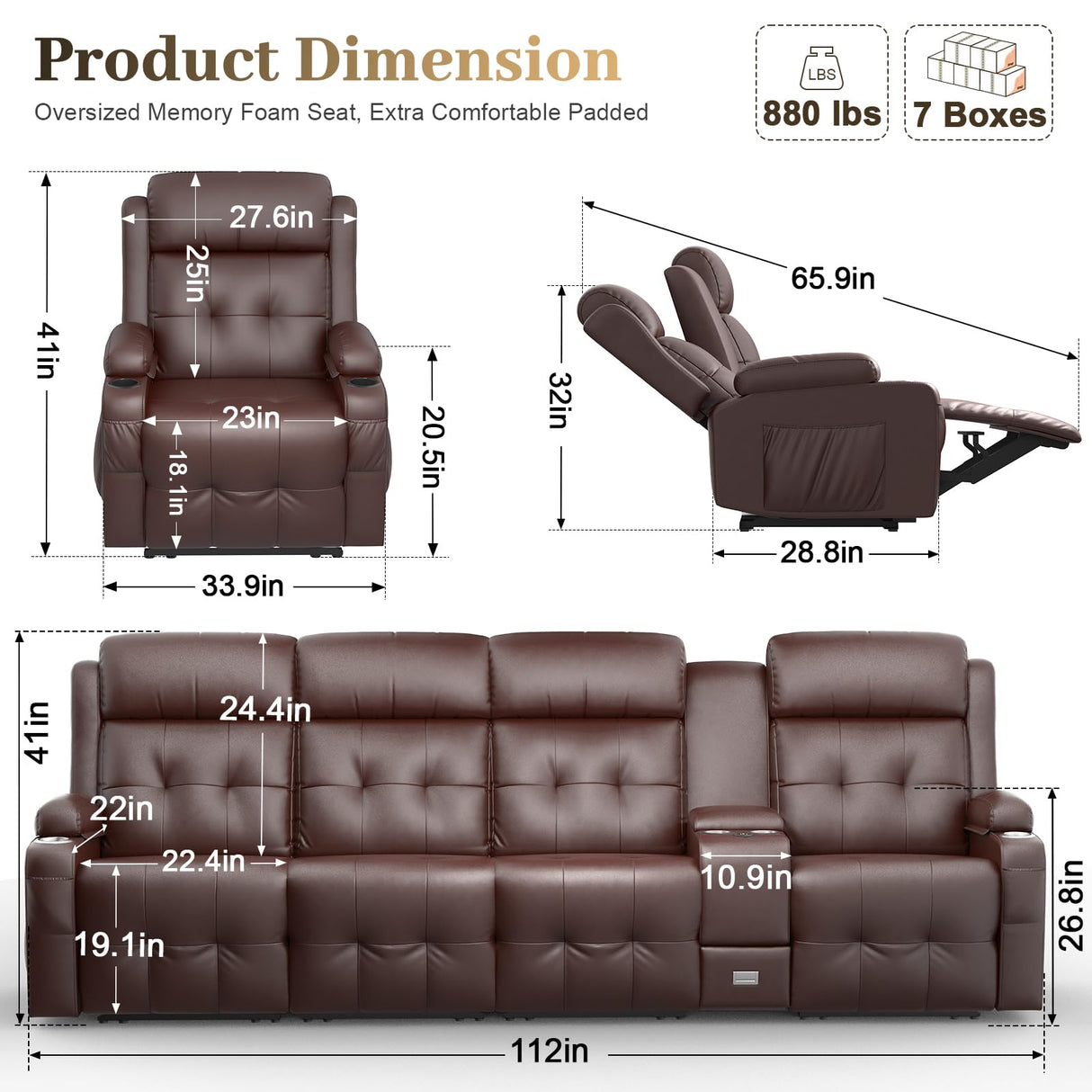 Recliner Sofa, 4 Seater Massage Reclining Loveseat Sofa Sets, 2 Single Power Recliner Chairs Heat & Massage, Heavy Weight Capacity, RV Clearance Love Seat Couch with Console, USB, Type C Port Aotolo