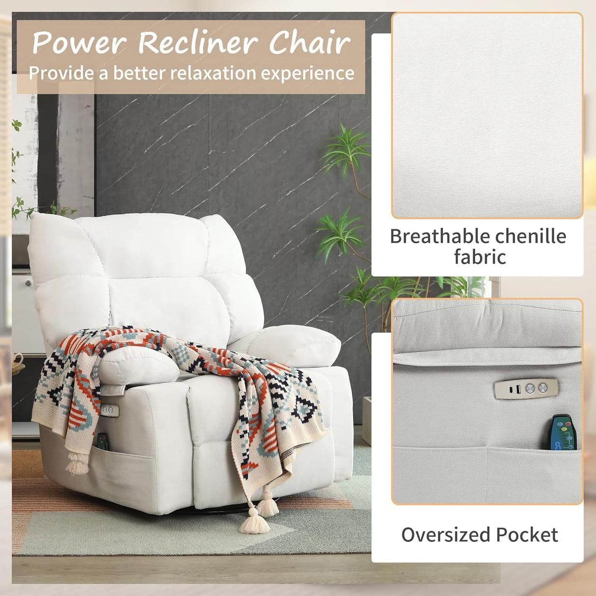 EDWELL White Power Recliner Chair, Swivel Rocking Recliner Chairs for Adults with Massage and Heated, Soft Single Reclining Swivel Sofa with USB, USB-C Ports for Living Room EDWELL