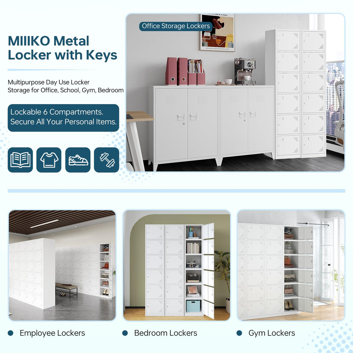 MIIIKO Office Storage Locker with Keys, 6 Doors Employee Lockers White, Large Metal Locker for School, Locker Room, Gym, Breakroom and Mudroom MIIIKO