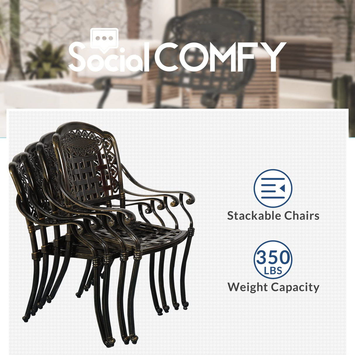 SOCIALCOMFY 5-Piece Outdoor Patio Dining Set, All-Weather Cast Aluminum Furniture Conversation Set, Include 4 Cushioned Chairs and a 38.5” Round Table with Umbrella Hole for Balcony, Lawn, Khaki SOCIALCOMFY