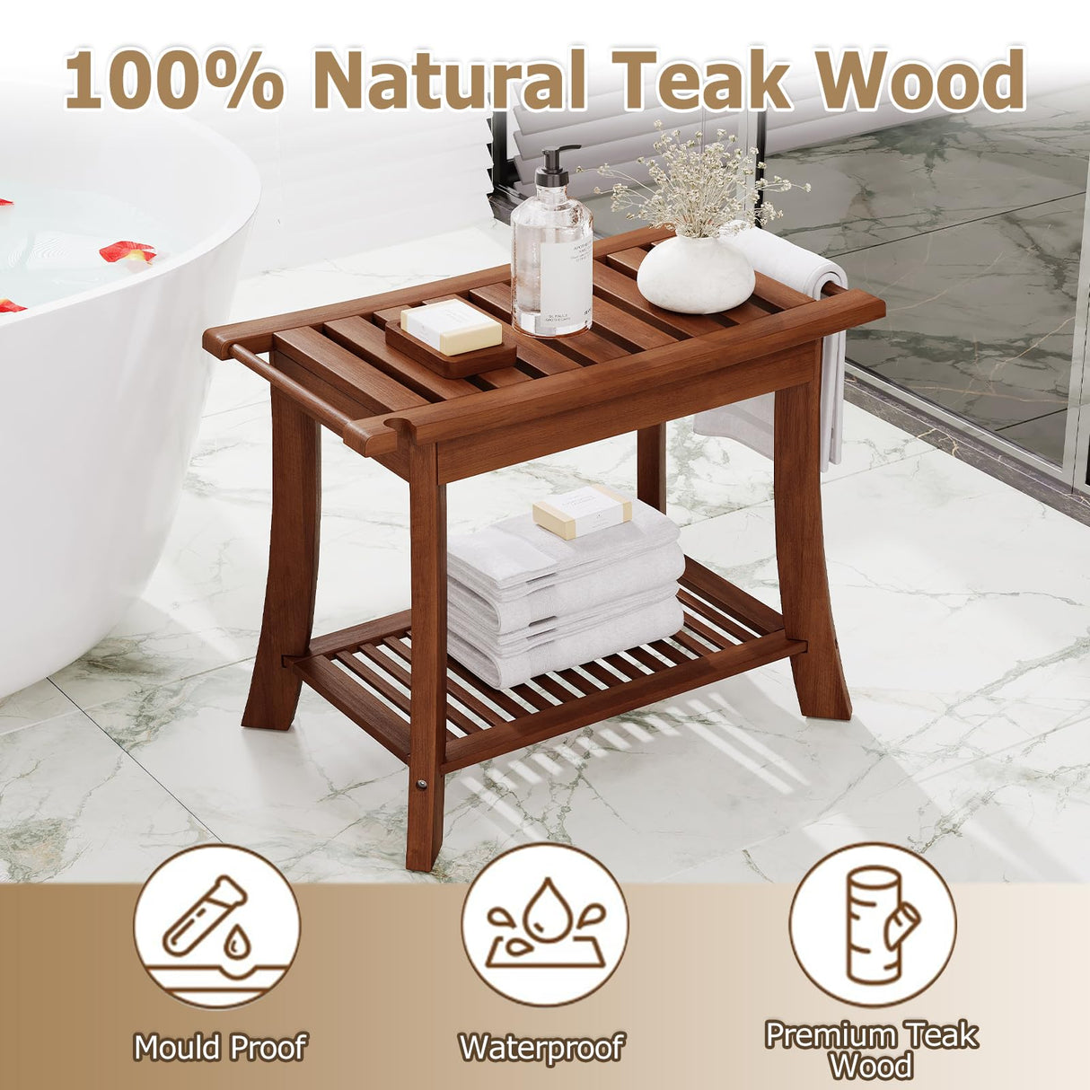 Teak Shower Bench, 24 Inch Teak Shower Stool 300lbs Wood Shower Chair Seat with Storage Shelf Towel Rack for Bathroom Indoor and Outdoor Use Homman
