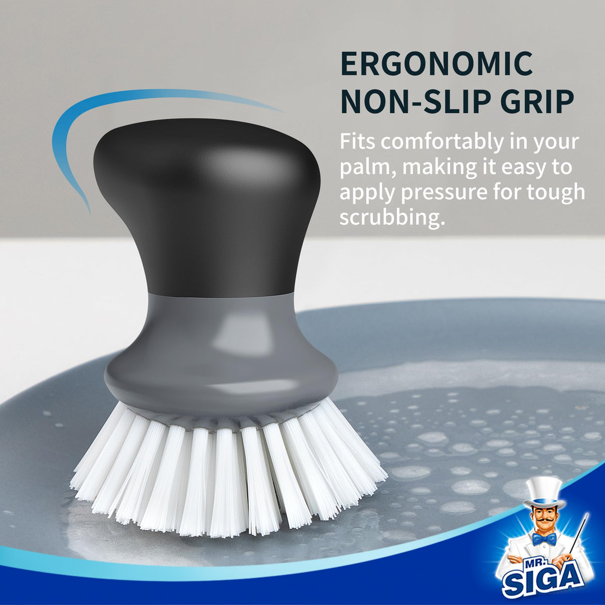 MR.SIGA Dish Scrub Brush, Palm Brush Dish Scrubber with Ergonomic Grip, Kitchen Brushes for Dishes, Gray, Pack of 2 MR.SIGA