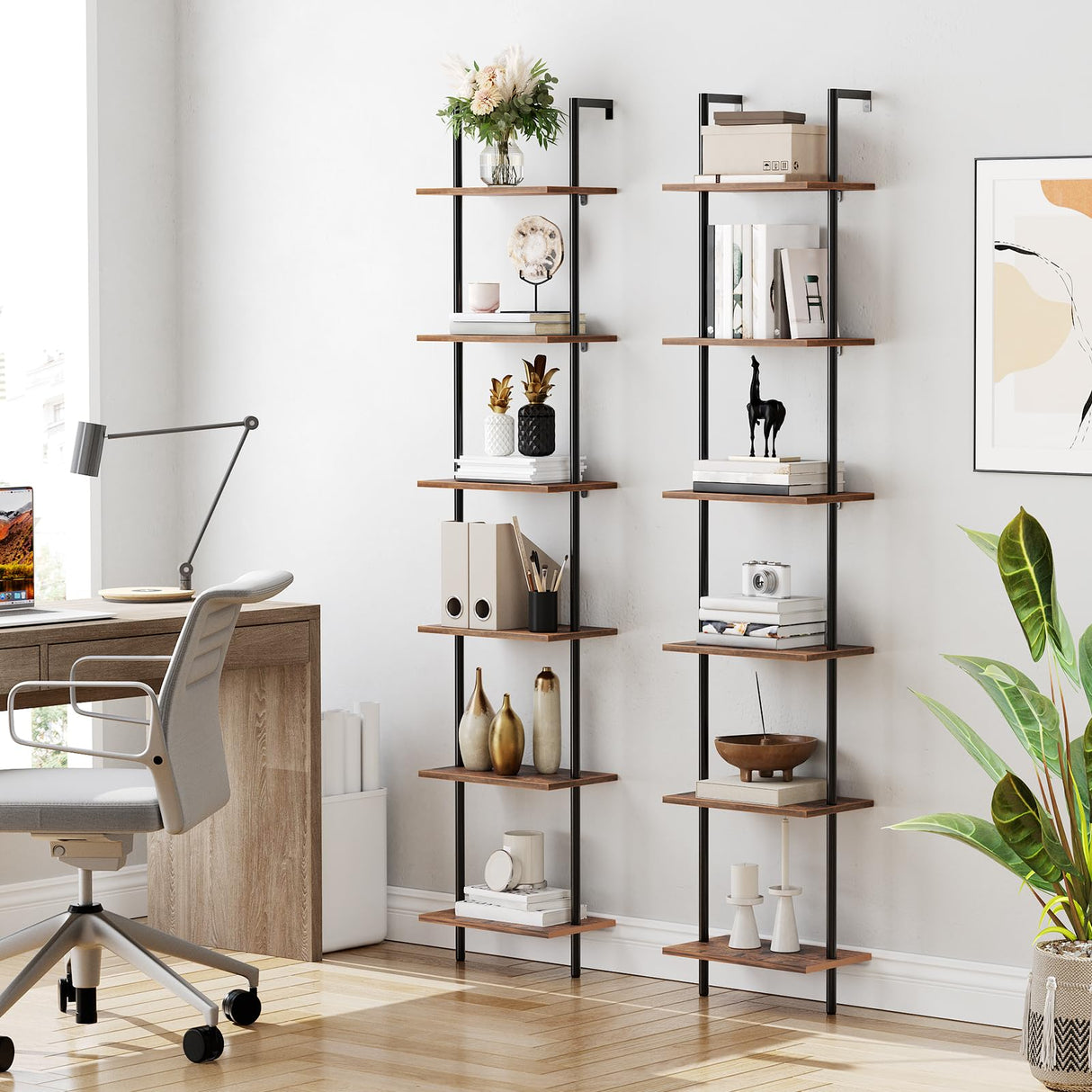 HOOBRO DIY Ladder Shelf, 6-Tier Wooden Wall Mounted Bookshelf, Narrow Bookcase, Display Shelf, Storage Rack, Plant Stand, for Living Room, Bedroom, Study, Balcony, Rustic Brown and Black BF651CJ01 HOOBRO