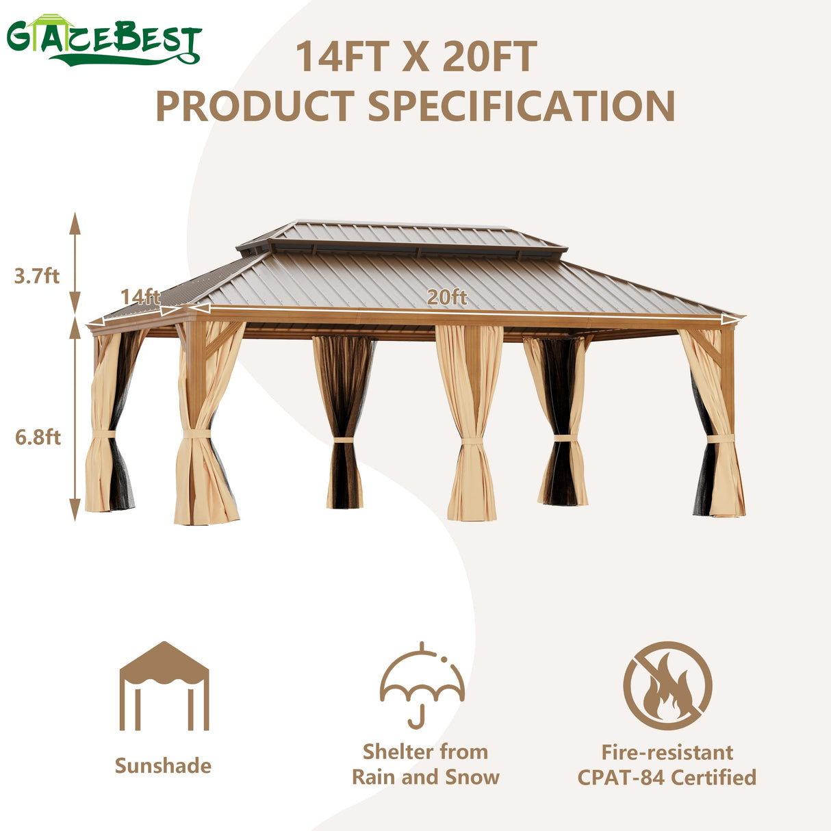 GAZEBEST 14' X 20' Hardtop Gazebo Outdoor Aluminum Patio Gazebo Double Roof Galvanized Steel Gazebo Canopy Wooden Finish Coated with Netting and Curtains,for Garden Patio,Patio Backyard,Deck and Lawns GAZEBEST