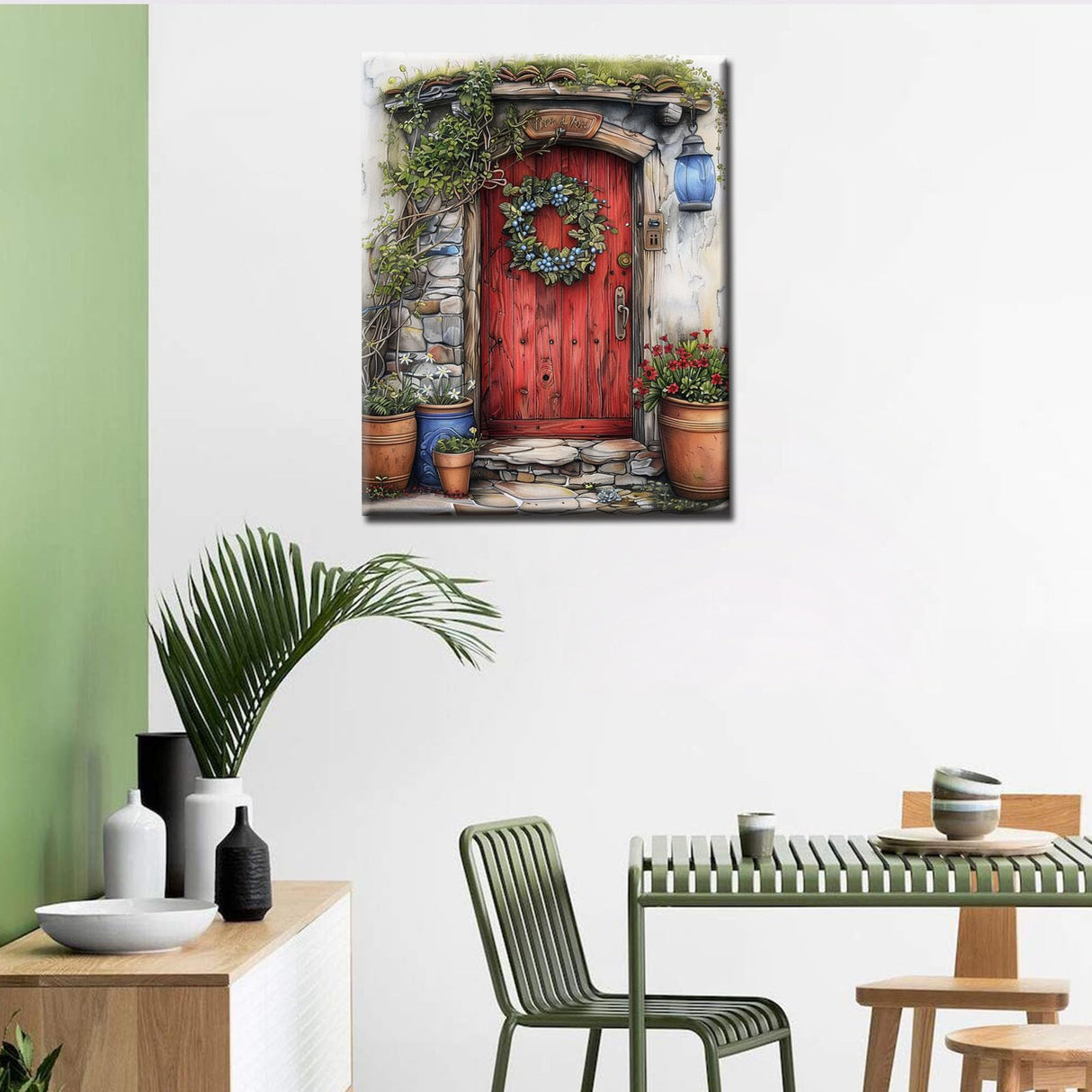 Tucocoo DIY Paint by Number for Adults, Red Wooden Door Painting by Number Kits, Acrylic Easy Paint by Numbers on Canvas, Fairytale Forest Floral Wreath Picture for Home Decor 16x20 Inch (Frameless) Tucocoo