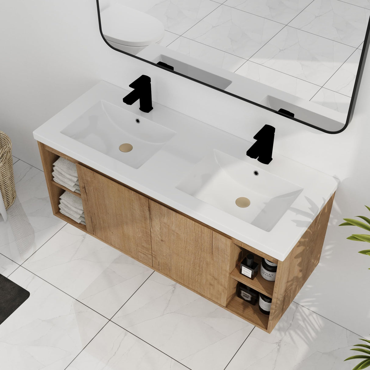 SSLine 48-Inch Double Sink Vanity Modern Wall Mounted Bathroom Vanity with Double Resin Sink 48" Large Floating Bathroom Vanities Set with Side Open Shelves & Cabinet (Brown) SSLine