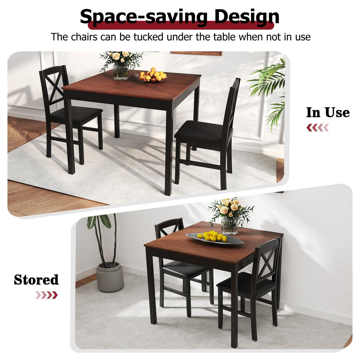 Tangkula Mid-Century Modern Dining Table Set for 2, Wooden Kitchen Table & 2 Chairs with Padded Seats, 3-Piece Compact Dining Set for Small Spaces, Kitchen, Living Room (Brown+Black) Tangkula