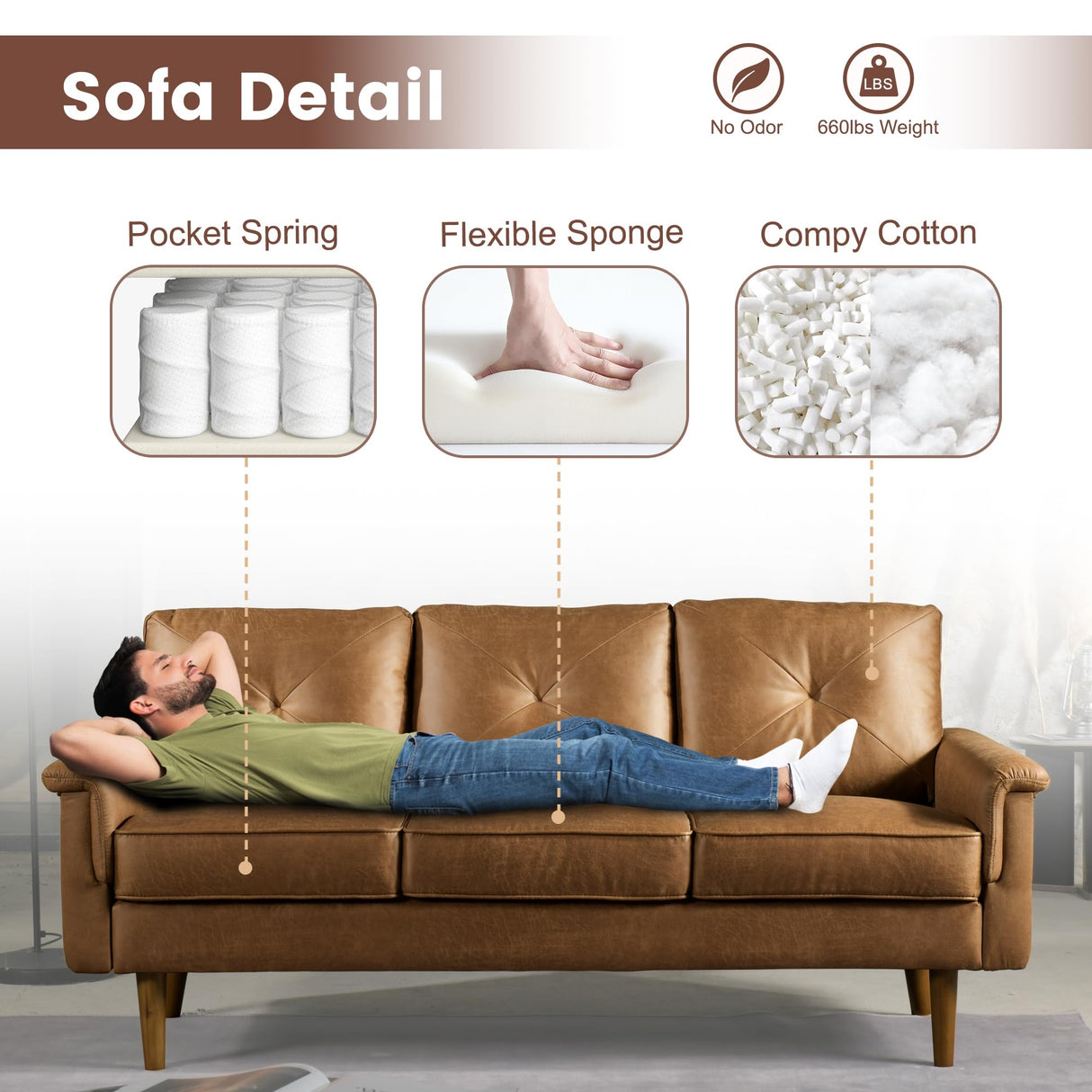 ovios Luxury 3 Seater Sofa with Faux Leather,Mid-Century Modern Couch with Comfortable Armrest,Comfy Couches with Deep Seat,Small Sofas for Living Room Bedroom (Light Brown) ovios