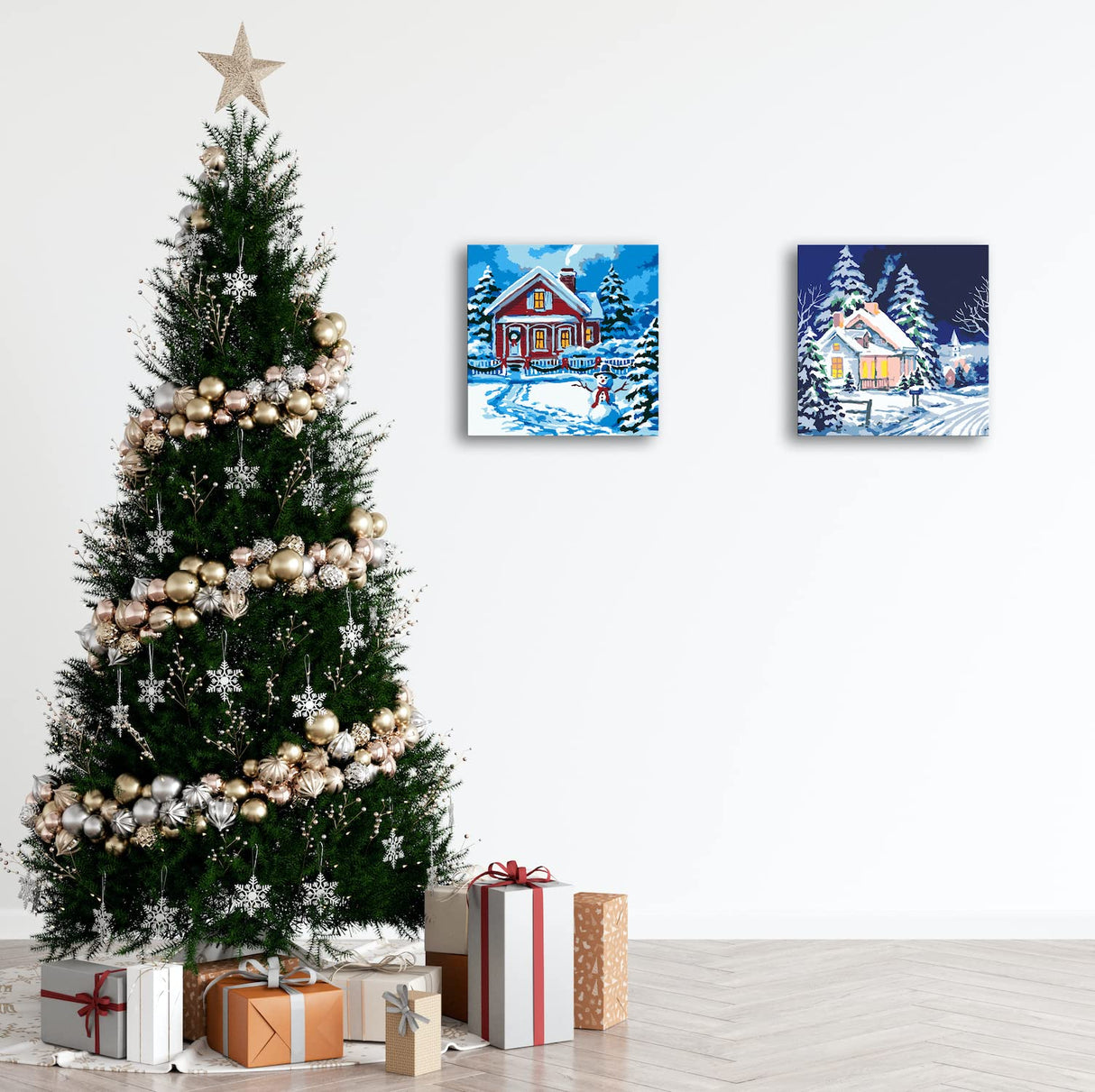 Neopalette 2 Framed DIY Paint by Number for Adults- Arts and Crafts, Paint by Numbers, Painting Kit, Crafts for Adults, Kids, Color by Number, Two 10x10 Stretched Canvas (Christmas Country House) Neopalette