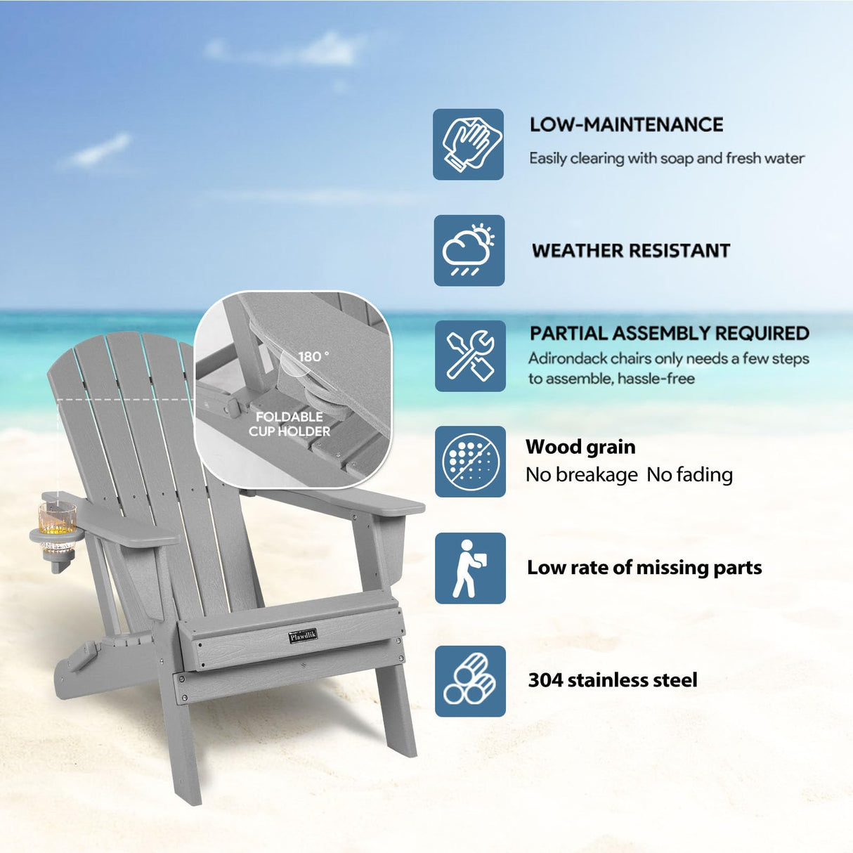 Plawdlik Folding Adirondack Chair, SGS Tested, Wooden Textured with Cup Holder, Heavy All-Weather HDPE Comfortable Set Poolside Backyard Lawn Grey set 2 Plawdlik