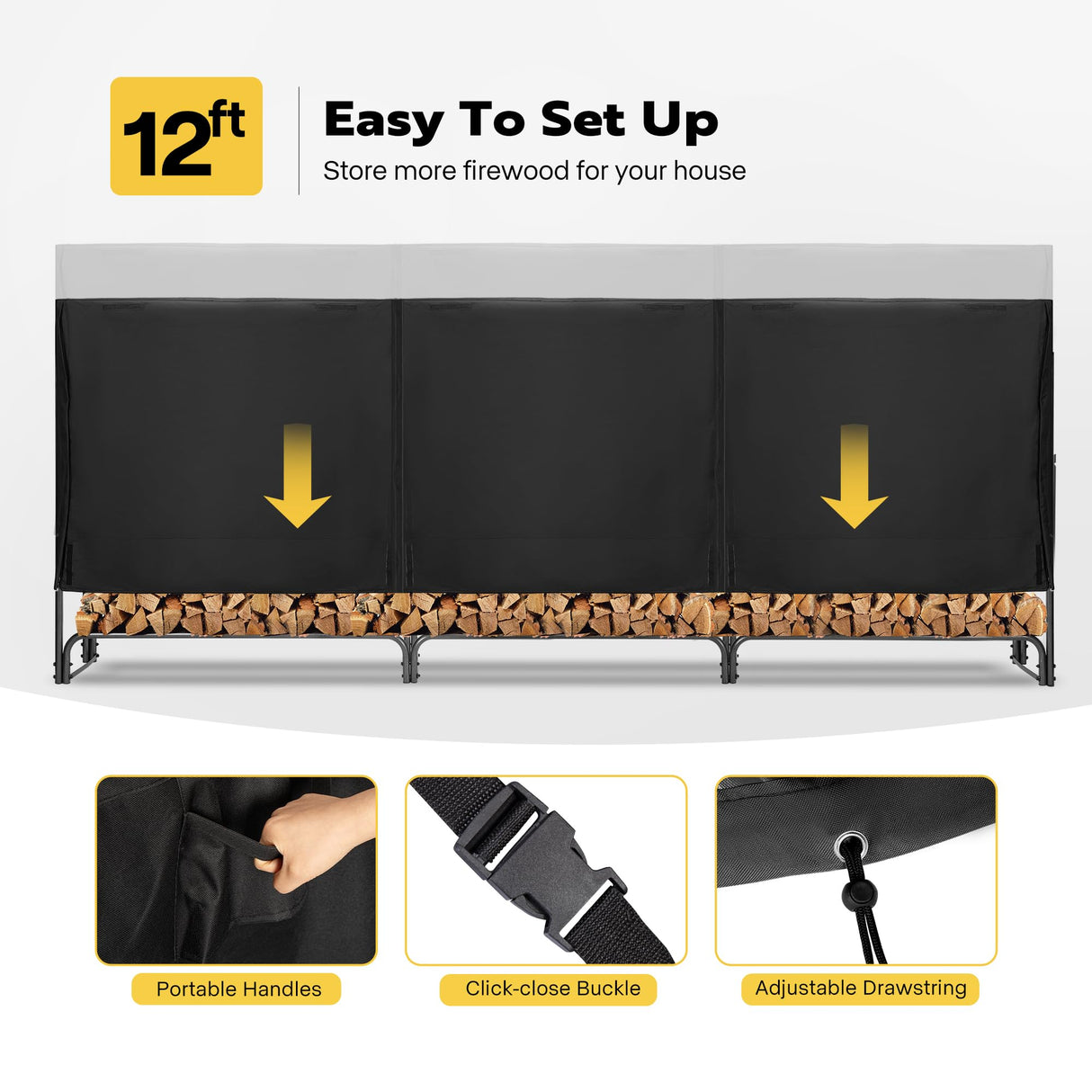 VIVOHOME 12ft Firewood Log Rack Cover, Heavy Duty 600D Oxford Outdoor Weather Resistant Fire Wood Storage Holder Cover with Zipper and Hook Loop Tape VIVOHOME