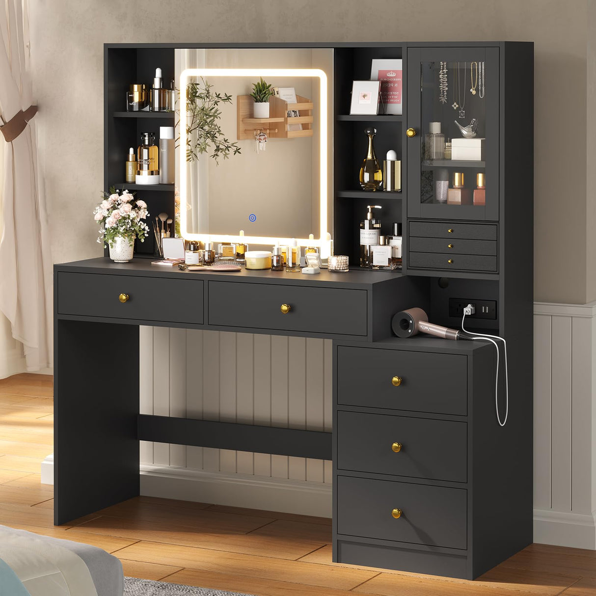 HAUOMS Makeup Vanity Desk with Lighted Sliding Mirror & Jewelry Organizer, Makeup Dressing Table with 5 Drawers, Modern Black HAUOMS