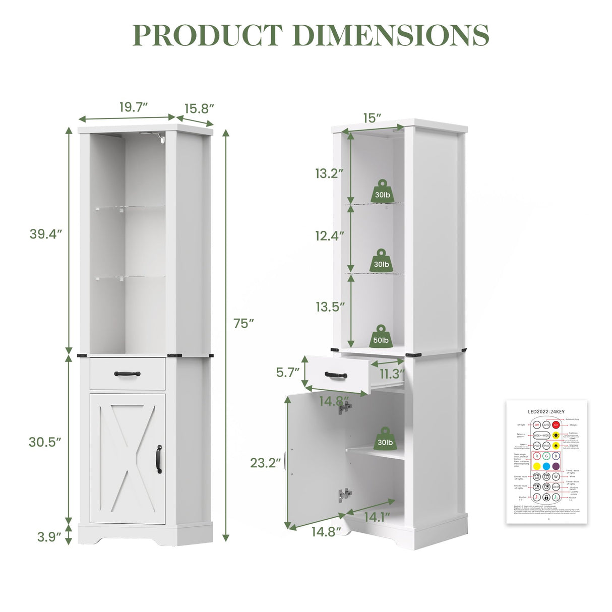 RoyalCraft 75'' Tall Storage Cabinet with LED Light, Farmhouse Pantry Cabinet with Tempered Glass Adjustable Shelves & Barn Door, Freestanding Linen Tower for Bathroom, Living Room, Kitchen, White RoyalCraft