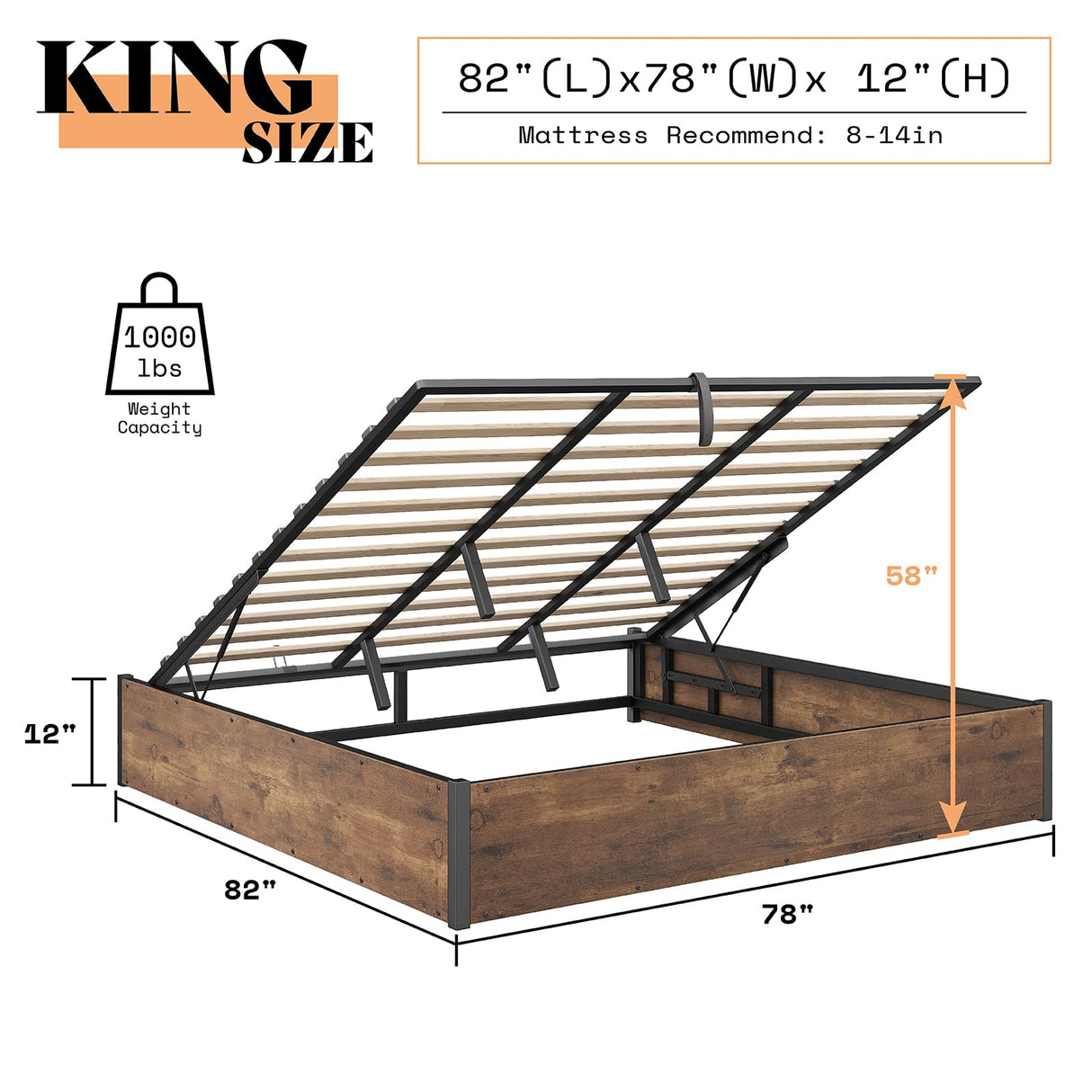 AMERLIFE Lift Up Storage Bed, King Bed Frame with Storage Underneath, Wooden Platform Bed Frame, Solid Wood Slats Support, No Fixed Headboard, No Box Spring Needed, Rustic Brown AMERLIFE