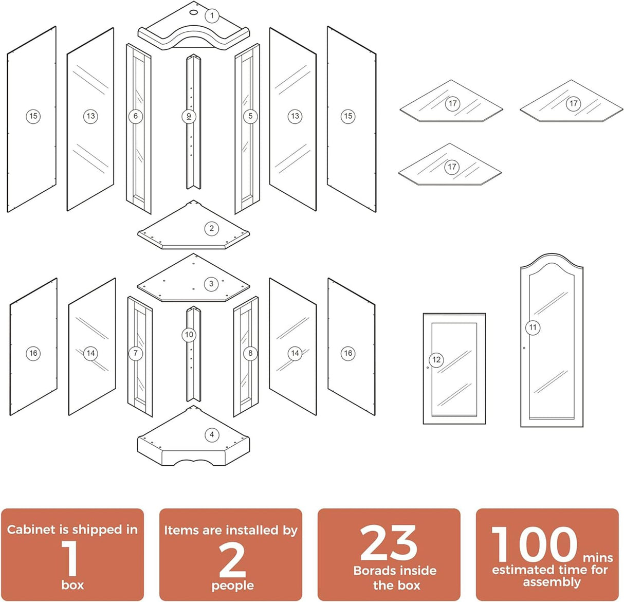 70'' Farmhouse Display Curio Cabinet with LED Lights, Corner Curio Storage Rack with Adjustable Shelves and Mirrored Back Panel, Tempered Glass Doors for Living Room, Light Bulb not Included, Walnut Bituman