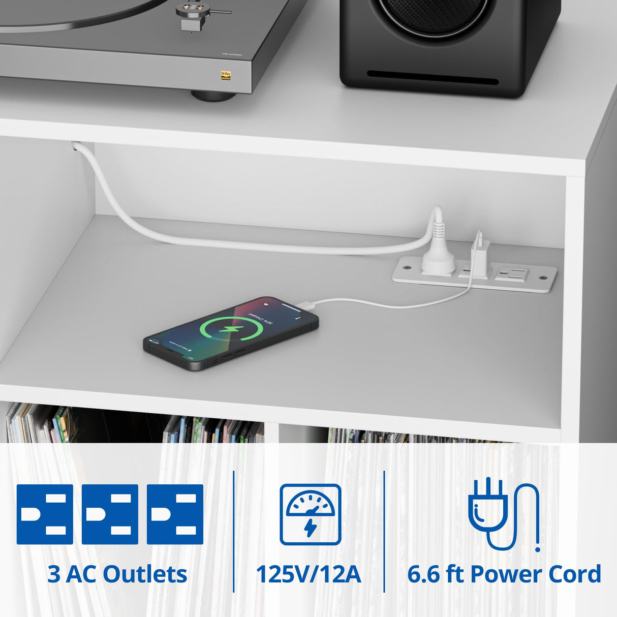 Cozy Castle Record Player Stand, Turntables Stand with Charging Station and Vinyl Record Storage Holds up to 350 Albums, Record Stand Table for Living Room, Office, White Cozy Castle