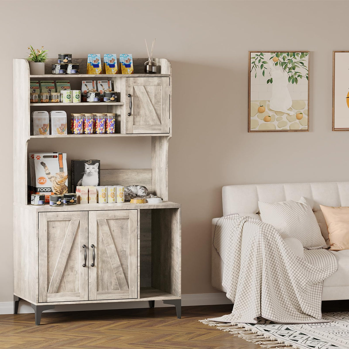 Cat Litter Box Enclosure Furniture with 4 Tier Storage Shelves, Hidden Litter Cabinet with Scratch Pad, Socket, Wooden Enclosed Cat Washroom House for End Table, Entryway Bench, Livingroom, Hallway Doppeltcharms