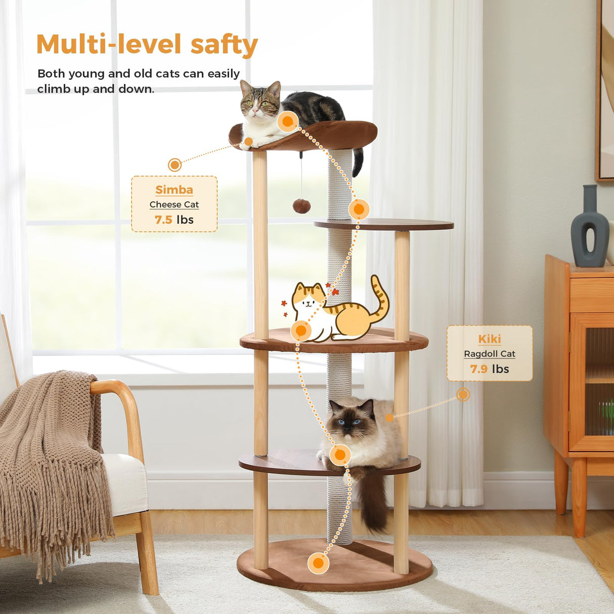 PETEPELA Wood Cat Tree Tower for Indoor Cats,5-Level Modern Cat Tree Cat Activity Center with Scratching Posts, Brown PETEPELA
