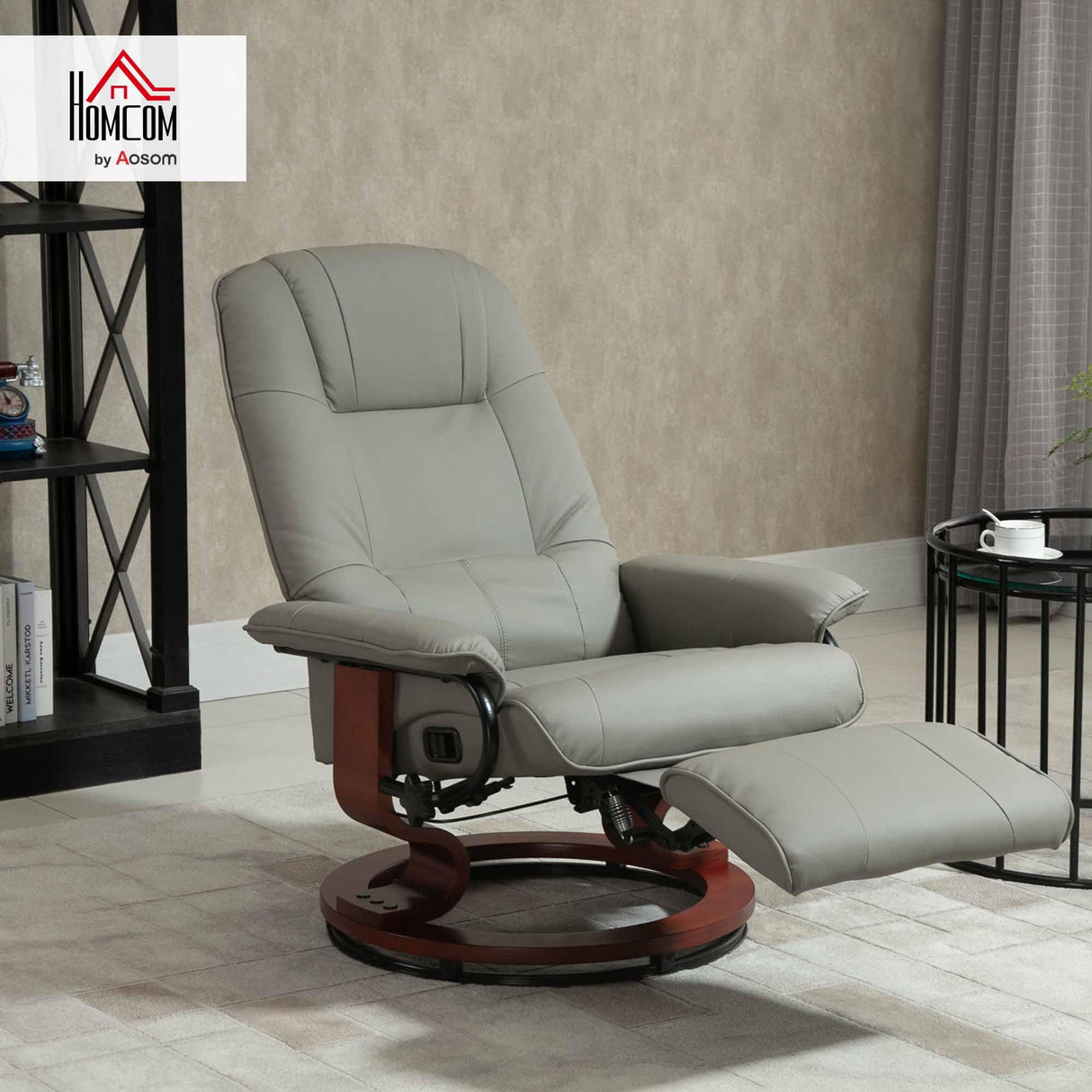HOMCOM Faux Leather Manual Recliner, Adjustable Swivel Lounge Chair with Footrest, Armrest and Wrapped Wood Base for Living Room, Gray HOMCOM