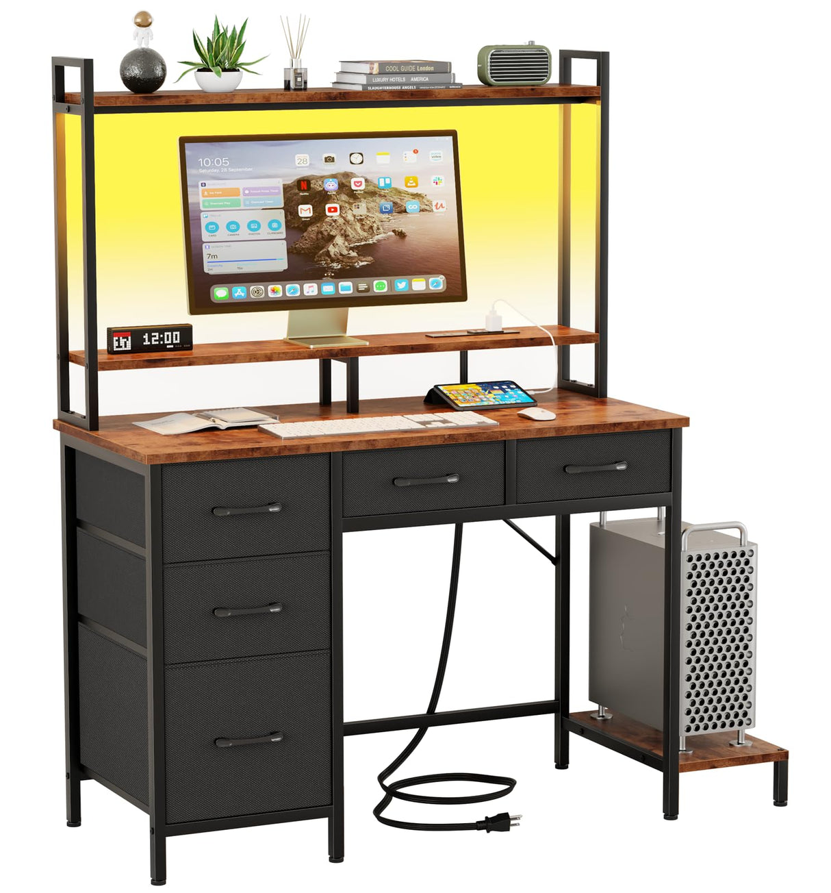 Computer Desk with Hutch, Gaming Desk with Power Outlets & LED Ligthts & 5 Fabric Drawers, Home Office Desk with 2 Tiers Storage Shelves for Display, 39" PC Gamer Table for Bedroom, Rustic Brown Korfile