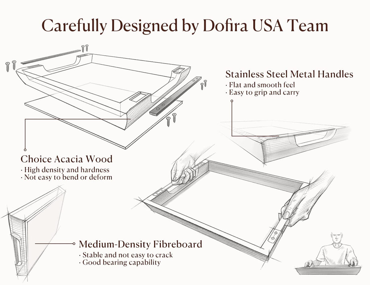 Dofira Acacia Wood Serving Tray with Metal Handles, 17x13in Food Drinks Tray for Coffee Table, Breakfast, Dinner & Bar, Rustic Decorative Storage Tray for Ottoman, Kitchen, Bedroom (Gift Packaging) Dofira