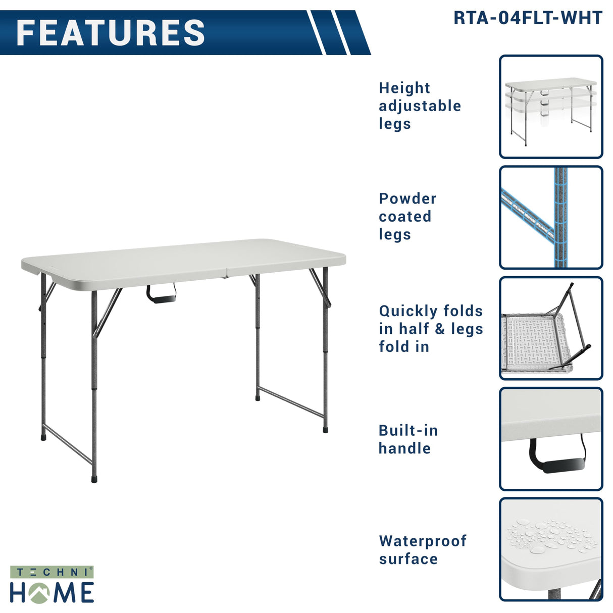 Techni Home Height Adjustable 4 FT Granite White Folding Table – Premium 4 Foot Folding Table Ideal for Camping, Picnic, Party or as Kids Table Techni Home