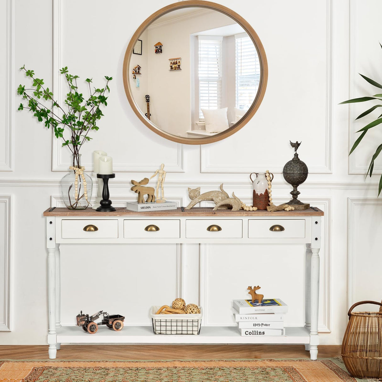 Wnutrees Farmhouse Console Table with 4 Drawers, 60" Long Narrow Boho Sofa Foyer Table with Large Storage Space, Solid Wood Frame and Legs for Entryway, Hallway, Living Room, White Wnutrees