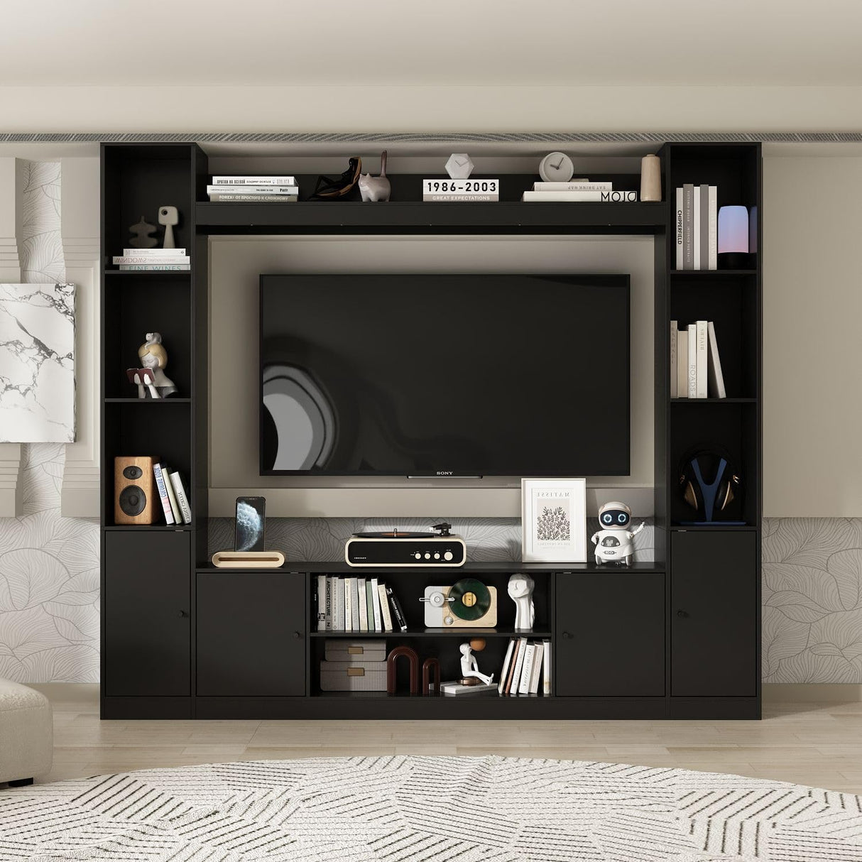 TAMUNE Entertainment Center with Bookshelves Modern Media Center with Open Shelves & Bridge TV Wall Unit with Doors, for Living Room Black (81.1”W x 11.8”D x 70.9”H) TAMUNE