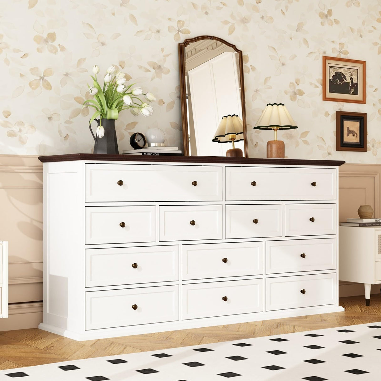 TAMUNE 12 Drawer Dresser Chest of Drawers, White Dresser for Bedroom, Retro Wood Dressers with 12 Drawers, for Living Room Bedroom Hallway, White and Brown 15.7”D x 61”W x 31.5”H TAMUNE