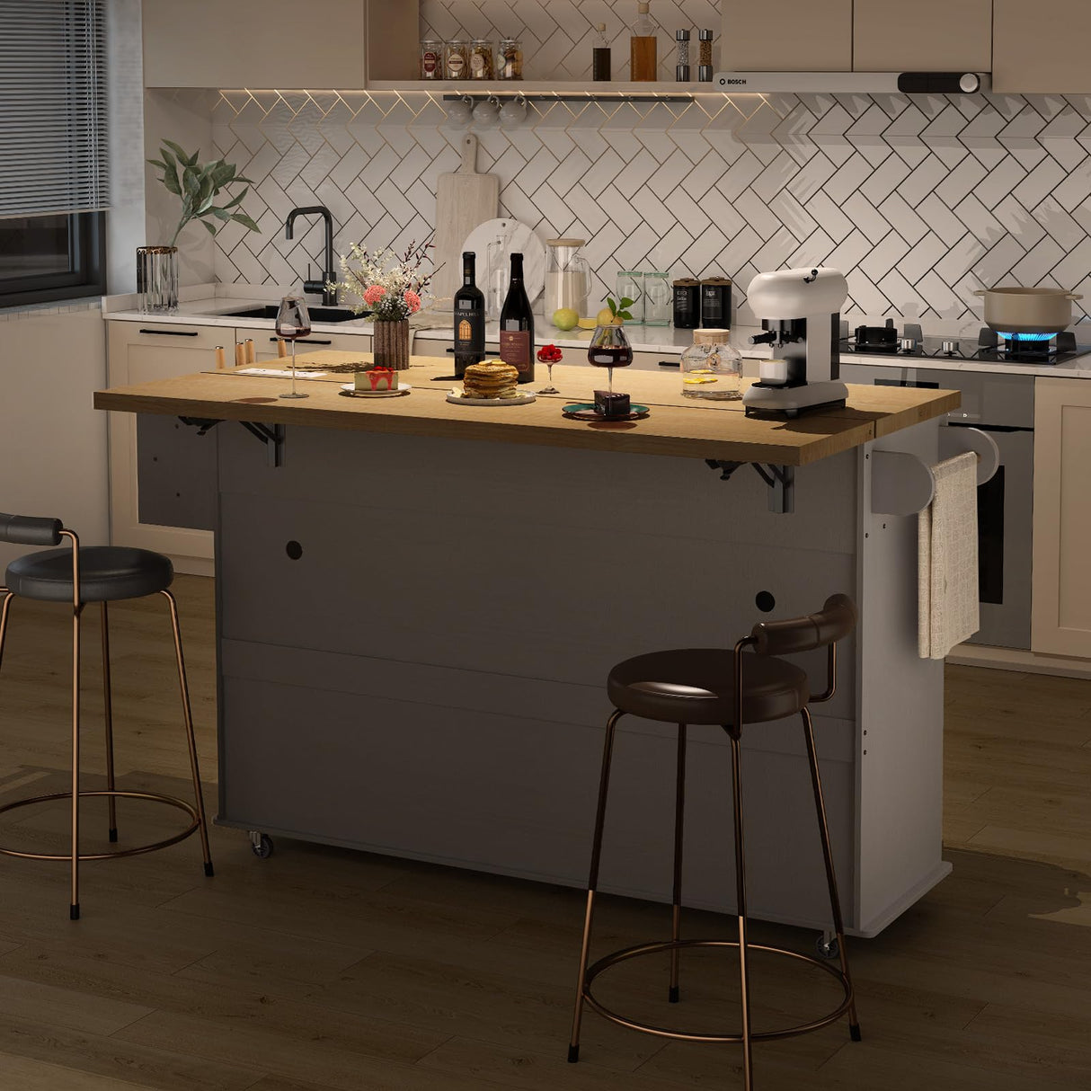 60" Kitchen Island with Power Outlet & Drop Leaf, Kitchen Rolling Island with Spice Rack & Towel Rack, Knife Holder, Kitchen Island Cart with Trash Storage Cabinet, Mobile Island Table for Kitchen ONBRILL