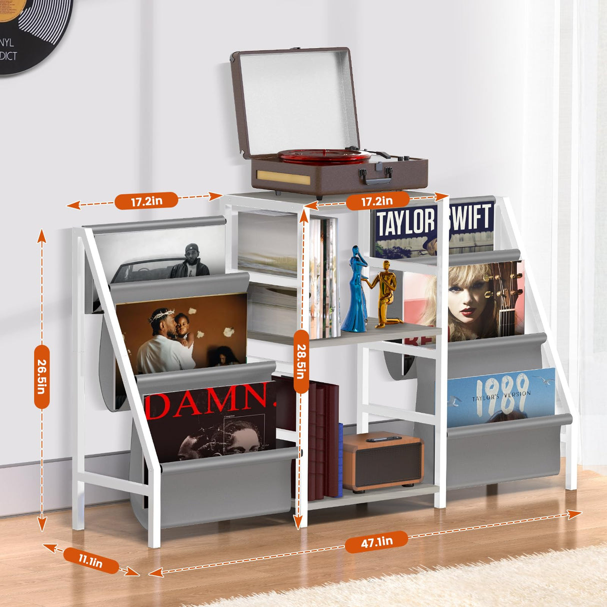 sugitek Record Player Stand,Vinyl Storage with 6-Tier Up to 280 Albums CDs, Display Shelf for Living Room,Bedroom(White) sugitek