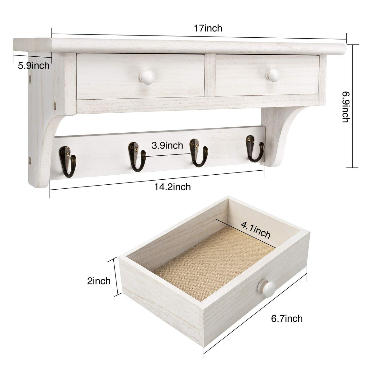 Emfogo Coat Hooks Wall Mounted, Rustic Wood Coat Rack Wall Mount Shelf with Hooks, Farmhouse Wall Coat Rack with Shelf & Coat Hook for Entryway, Mudroom, Bedroom, Kitchen, Bathroom (White) Emfogo