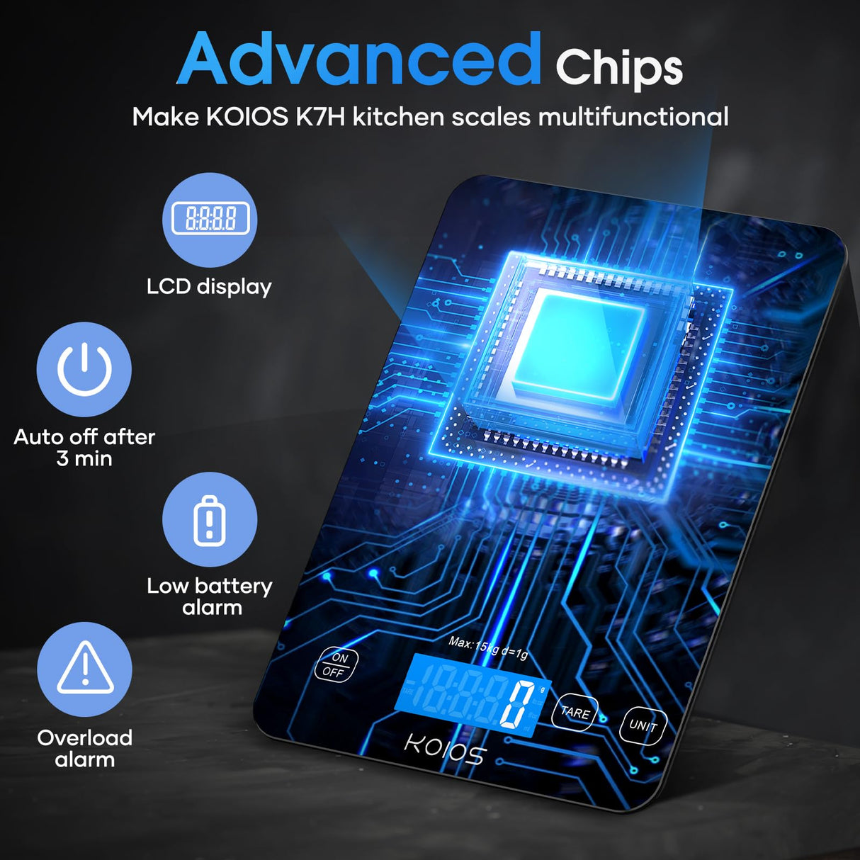 KOIOS Food Scale, 33lb/15kg Digital Kitchen Scale Weight in Grams and Ounces for Cooking Baking, 1g/0.1oz Precise Graduation, Batteries and Type-C Charging, Tare Function, LCD Display, Black KOIOS