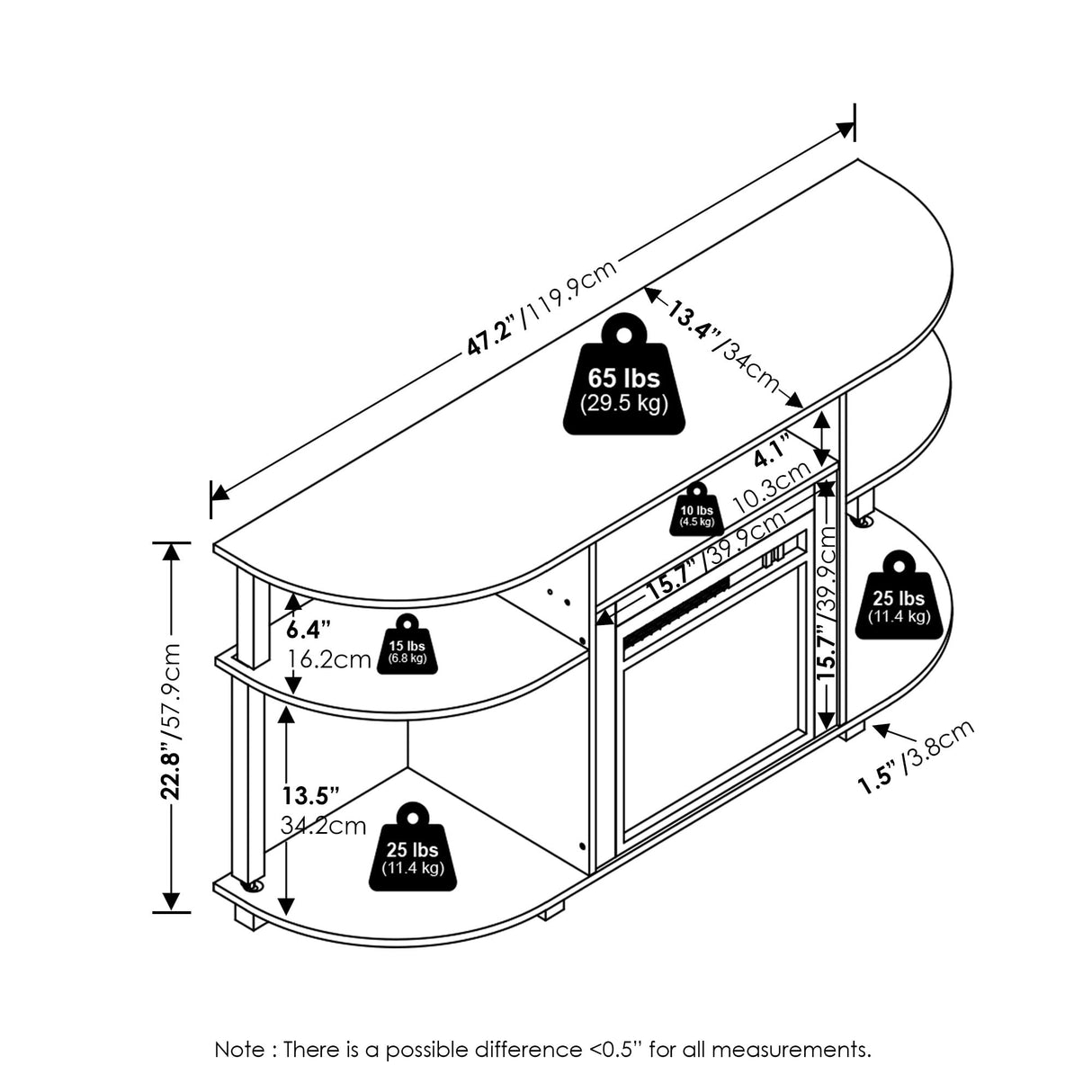 Furinno Jensen Open Storage Curved Entertainment Center Stand with Fireplace for TV up to 55 Inch, French Oak Grey Furinno