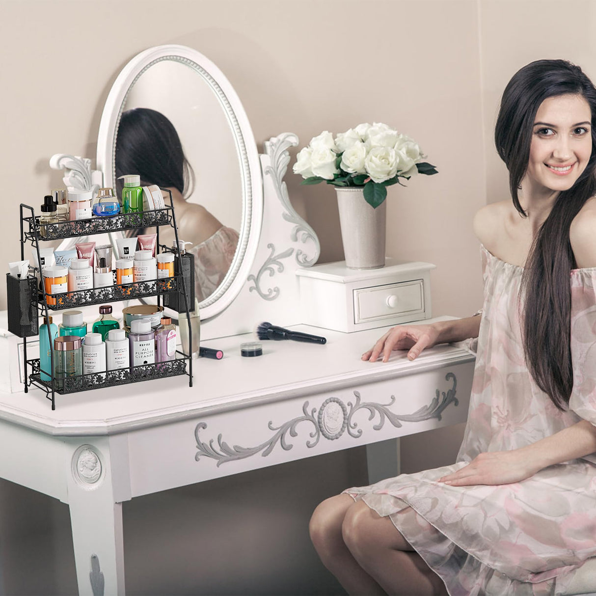 IBEDMAZIE 3-Tier Large Size Storage Rack,Counter Organiztion for Bathroom Countertop Organizer Shelf for Spice Racks for Kitchen/Sink/Bedroom/Living room/Office/Plant Rack with Two Metal Baskets IBEDMAZIE