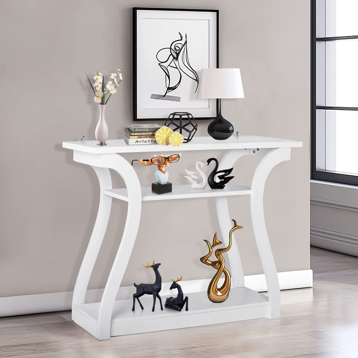 ZenStyle Wood Console Table with Curved Legs and Shelf, 3 Tier Modern Accent Sofa Table for Entryway, Living Room, Hallway, 47 in Wide, Easy Assembly (White) ZenStyle