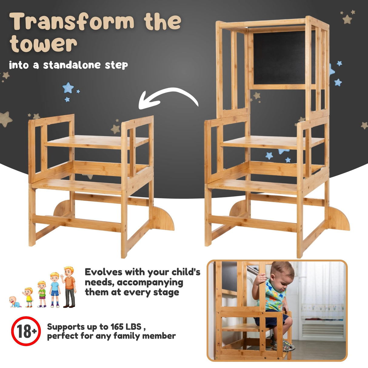 KYWAI® Toddler Tower with Chalkboard &Height Adjustable - Toddler Standing Tower - Toddler Kitchen Stool Helper - Kitchen Step Stool for Toddlers - Toddler Stool for Kitchen - Toddler Step Stool KYWAI