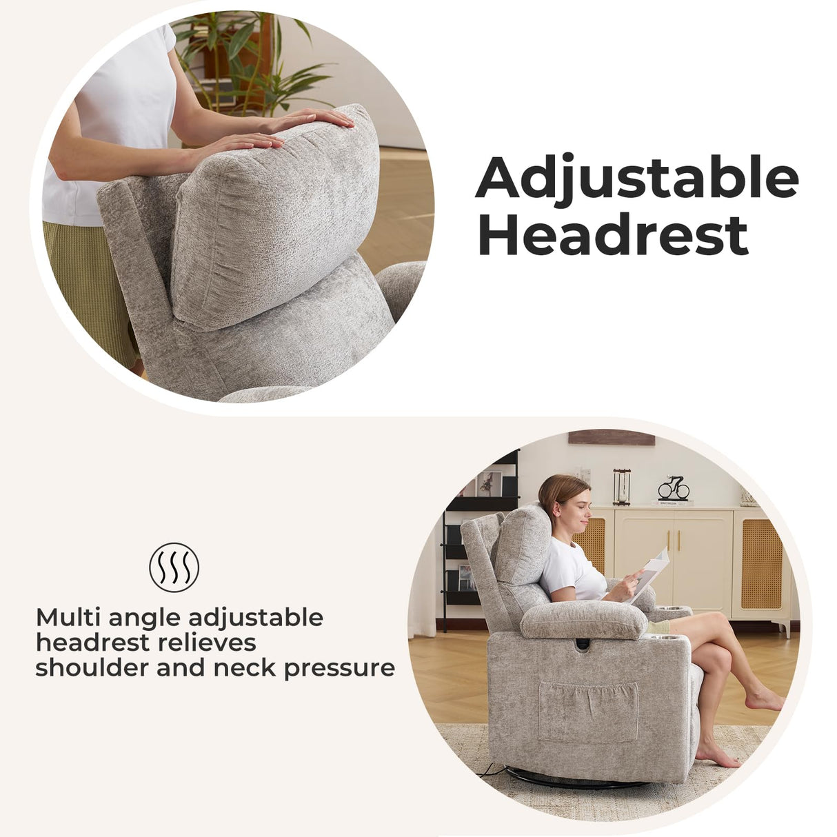 Oversized Power Recliner Chair Swivel Glider with Massage and Heat, Swivel Rocker Recliner with Adjustable Armrests, 26" Nursery Chair with Adjustable Headrest, Rocker Nursery Recliner, Light Grey Rhevoy