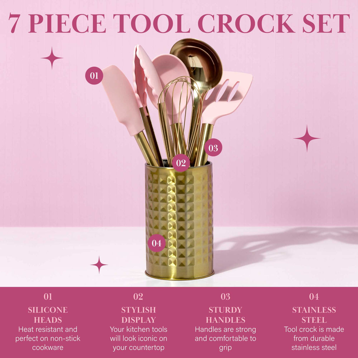 Paris Hilton Kitchen Set Tool Crock with Silicone Cooking Utensils, Stainless Steel Whisk and Ladle, 7-Piece, Pink and Gold Paris Hilton