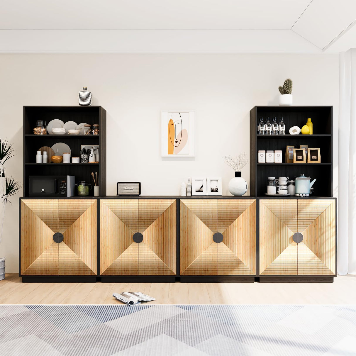 TUSY 4-Piece Large TV Stand with Bookshelves for TVs up to 75”, Wall Unit Entertainment Center with Doors, TV Cabinet for Living Room, Bedroom & Home Theater, Black TUSY