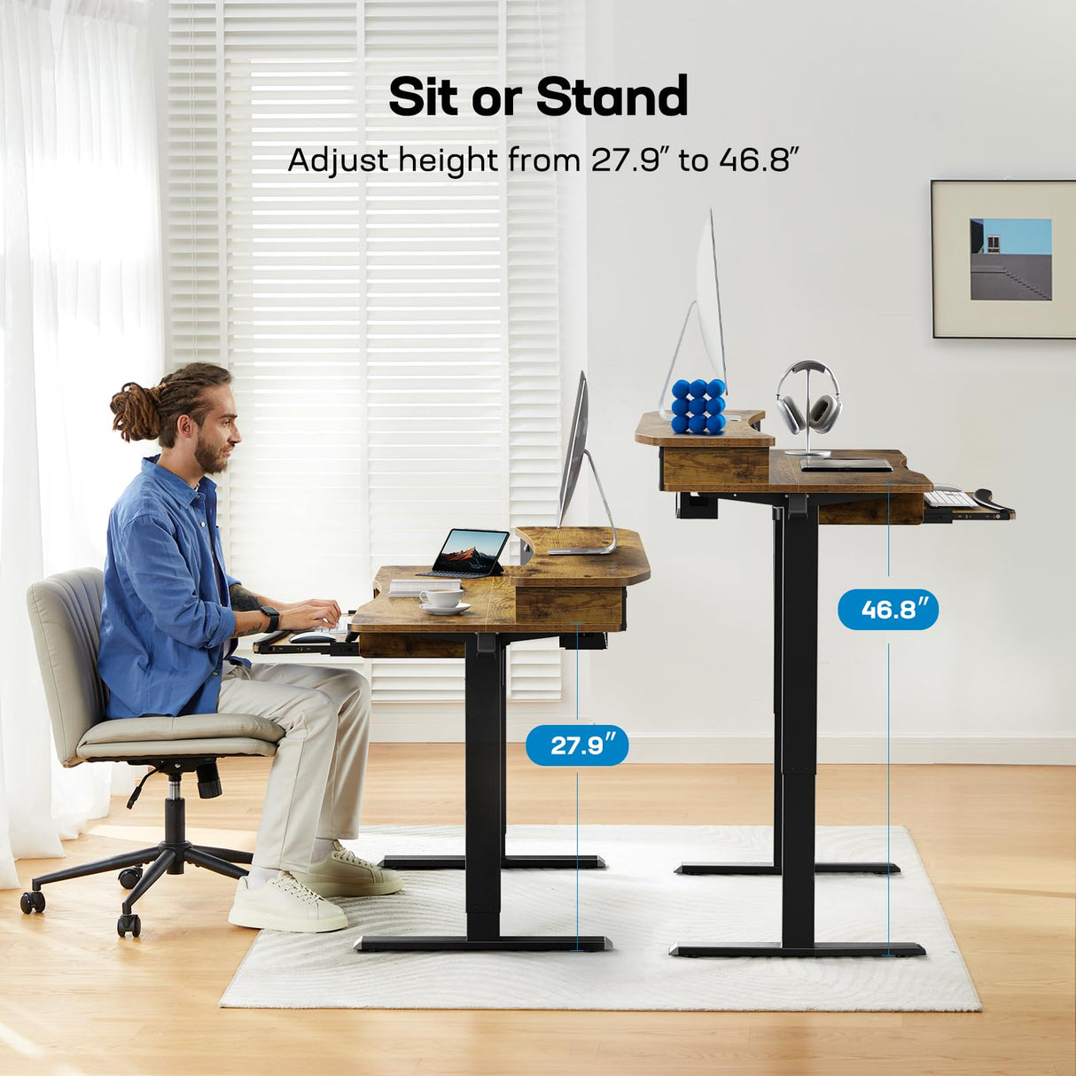 HUANUO 48" x 26" Electric Standing Desk with 2 Drawers & 26.7" Large Keyboard Tray, C-Clamp Mount Compatible, Adjustable Computer Desk for Home Office, Stand Up Desk with 4 Height Presets, Vintage HUANUO