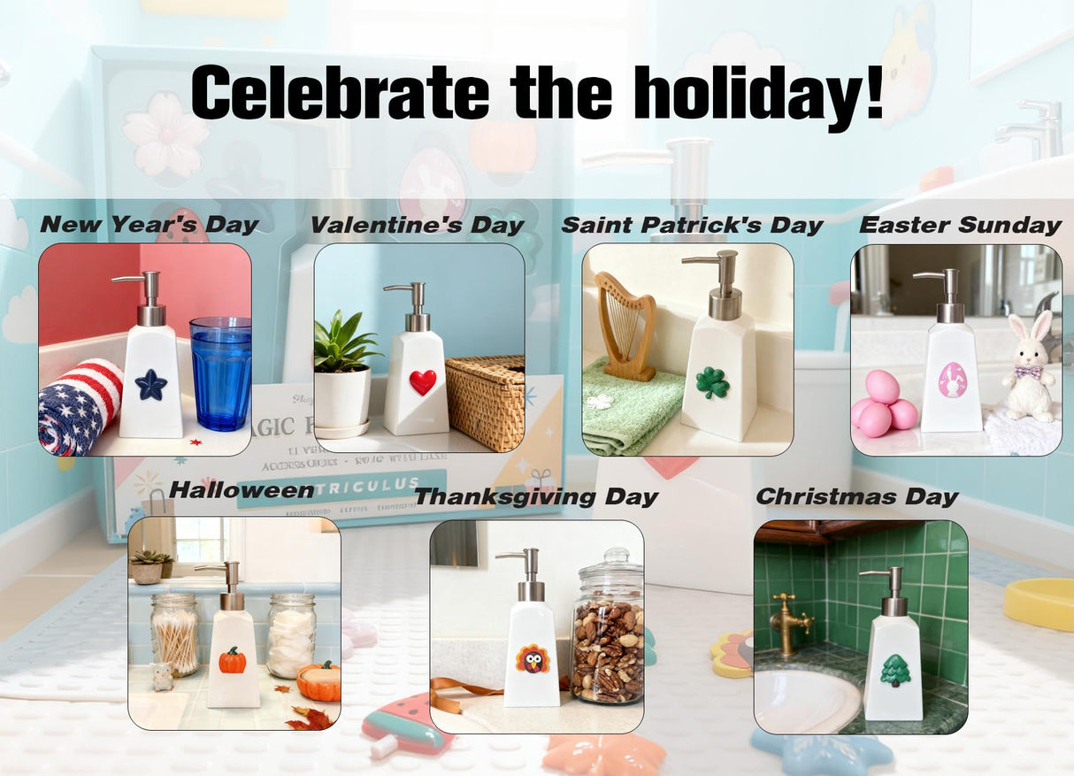 Nestriculus Seasonal Soap Dispenser with 11 Interchangeable Magnets - Seasonal Decor - Farmhouse Bathroom Kitchen Decor (Resin,Built in Magnet) - 8.82oz (Silver) Nestriculus