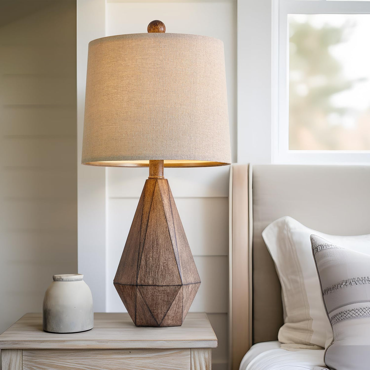 PoKat 20.25" Retro Farmhouse Table Lamp Set of 2 for Living Room Bedroom Rustic Linen Bedside Nightstand Lamps for Kids Room Study Room Office Table Lamps Resin PoKat