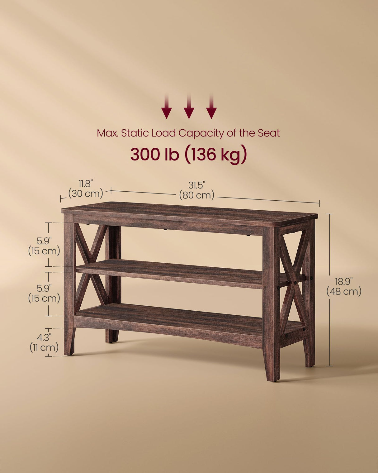 VASAGLE, Entryway Storage Bench, 2-Tier Shoe Rack, 11.8 x 31.5 x 18.9 Inches, Holds up to 300 lb, Farmhouse Style, for Living Room, Bedroom, Maroon Brown ULSB053K51 VASAGLE